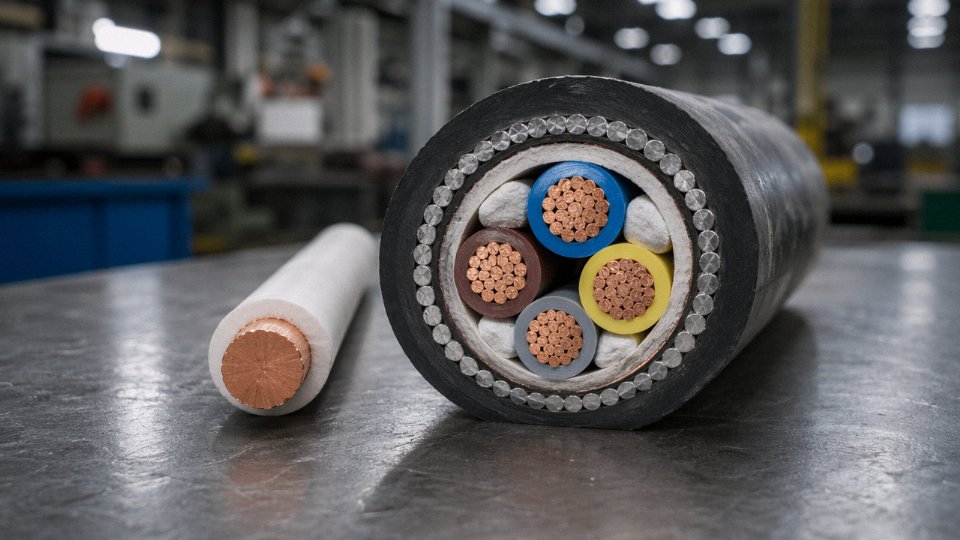 Cross-section comparison of a solid wire and a multi-core armored cable side by side on an industrial workbench