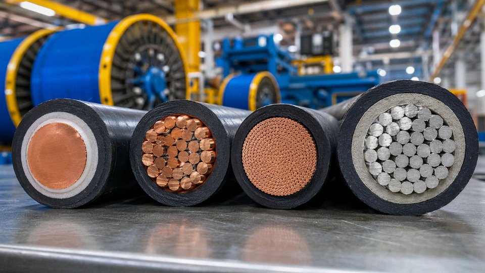 Cross-sections of multiple cable wire types showing copper and aluminum conductors with different stranding configurations