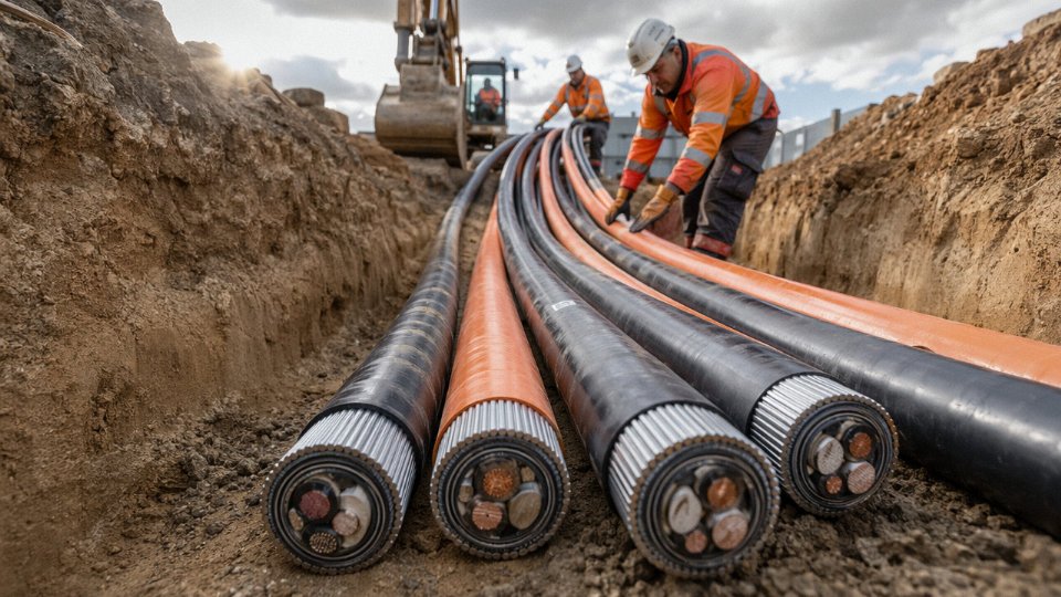 Armoured power cables laid in an open trench at an industrial site, showing SWA and XLPE cable types