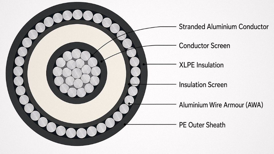 Engineering cross-section diagram of a single-core AWA medium-voltage XLPE cable with all layers labelled in English