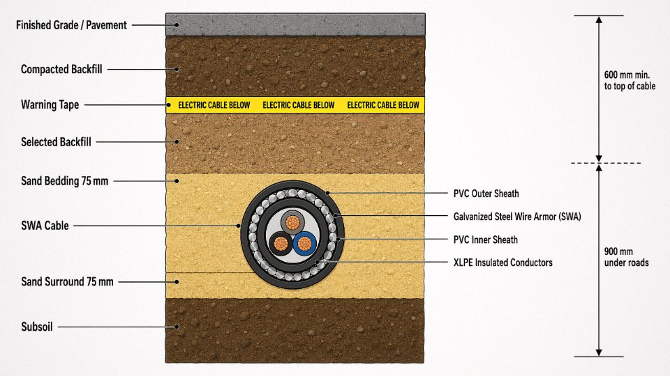 Engineering cross-section diagram showing SWA cable layers, sand bedding, and soil backfill depths for direct burial installation