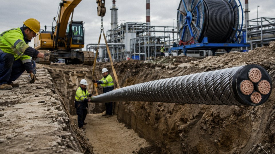 Steel wire armored cable being laid into an open trench at an industrial site