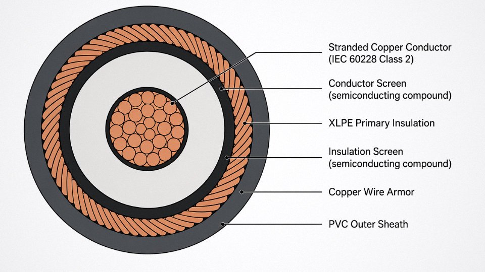 Engineering cross-section diagram of a medium-voltage XLPE cable showing all concentric layers labeled in English