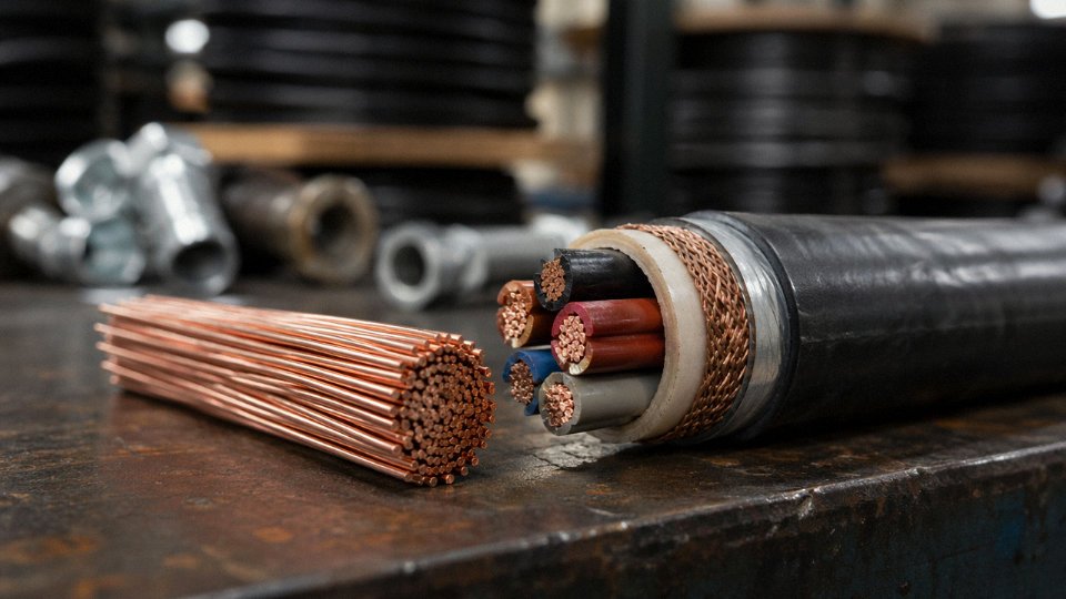 Cross-section comparison of a bare copper wire and a multi-layer armored power cable laid side by side on an industrial workbench