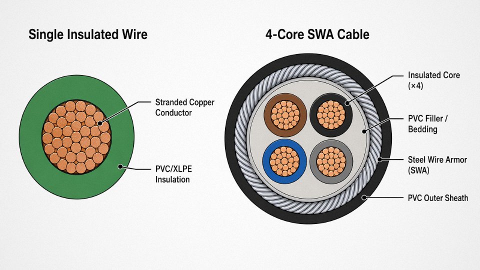 Labeled cross-section engineering diagram comparing a single insulated wire and a four-core steel-wire-armored cable, showing all internal layers