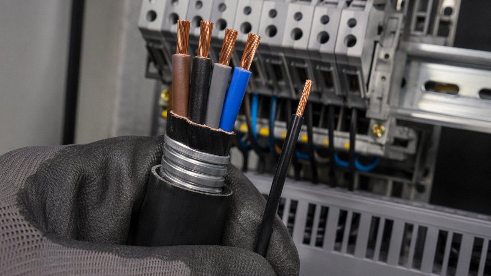 Close-up of an electrician's hand holding a stripped multi-core cable next to a single insulated wire against a control panel background