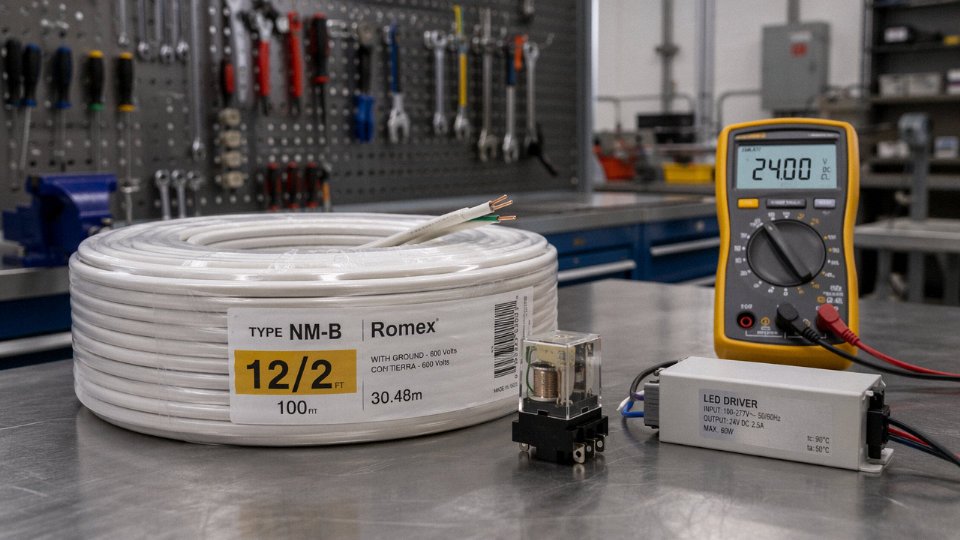 Roll of 12/2 NM-B cable next to low-voltage LED fixtures and a 24 V control relay on a workbench