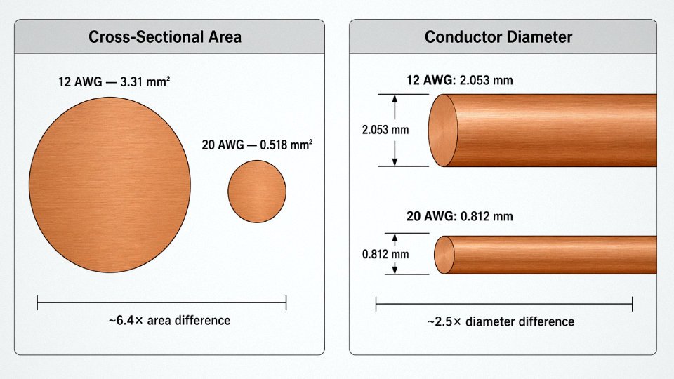 Engineering diagram comparing diameter and cross-sectional area of 12 AWG and 20 AWG copper conductors