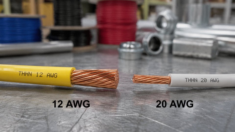 Side-by-side comparison of 12 AWG and 20 AWG copper wire conductors on an industrial workbench