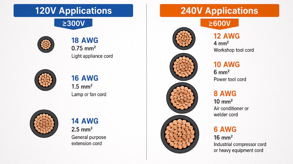 Engineering diagram comparing AWG conductor sizes to metric mm² cross-sections for 120V and 240V power cord applications