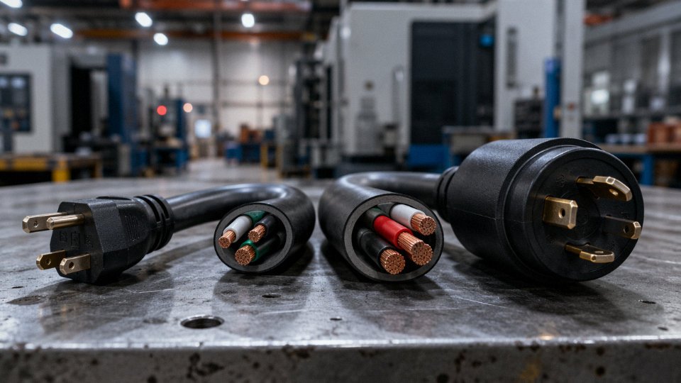 Side-by-side comparison of a 120V power cord and a 240V power cord on an industrial workbench