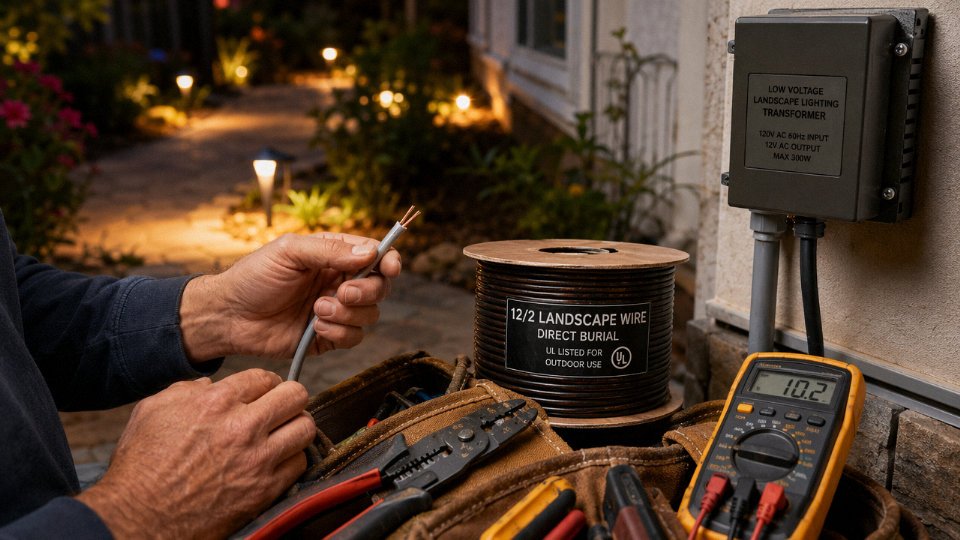 Electrician comparing 14-2 NM-B cable and direct-burial landscape wire beside a low-voltage transformer outdoors