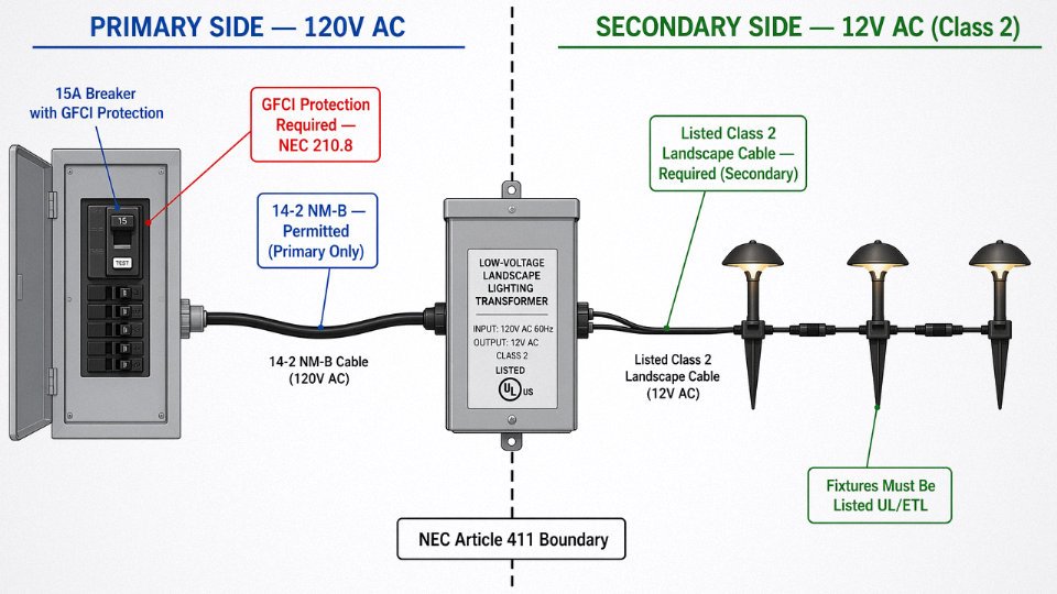 Engineering diagram showing NEC Article 411 split between 120V primary side with 14-2 NM-B and 12V secondary side with listed Class 2 landscape cable