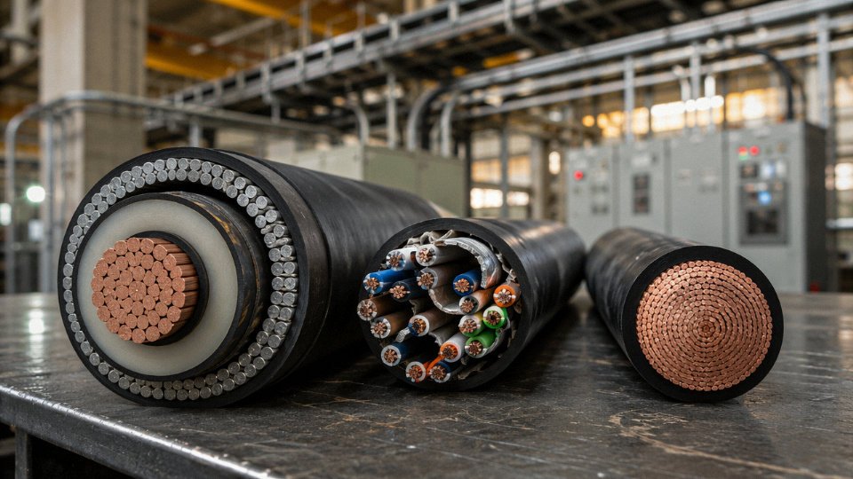 Three main types of industrial cable wire — power, control, and flexible — displayed side by side in a factory setting