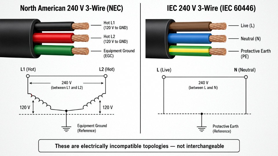 Side-by-side engineering diagram comparing a North American 240 V 3-wire cord with two hots and a ground versus an IEC 240 V 3-wire cord with Live, Neutral, and Earth