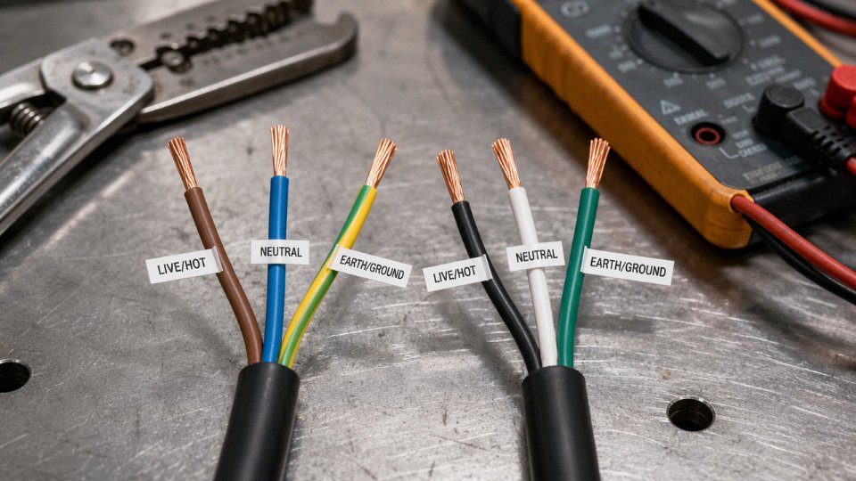 Three-wire power cord cross-section showing brown, blue, and green-yellow conductors alongside a black, white, and green NEC cord on an industrial workbench