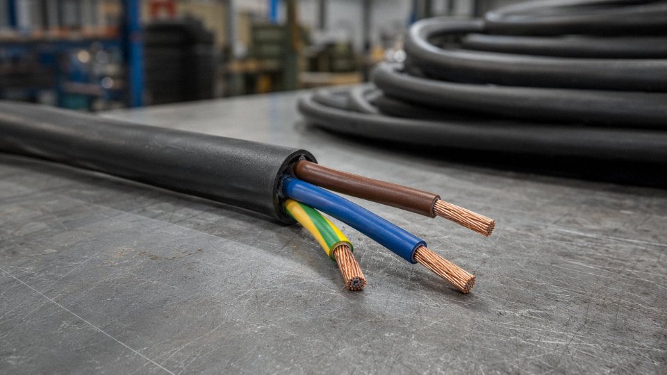 Cross-section of a three-conductor power cable showing live, neutral, and ground wires with color-coded insulation