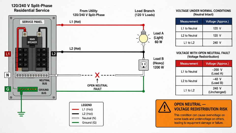 Engineering diagram showing voltage redistribution across two load legs caused by an open neutral fault in a 120/240 V split-phase system