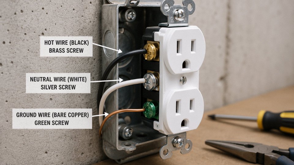 Close-up of three wires — black hot, white neutral, and bare copper ground — being terminated into a standard duplex outlet on a commercial workbench