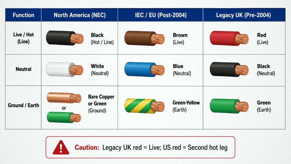 Comparison diagram of electrical wire color codes for North America versus IEC EU and legacy UK systems showing hot neutral and ground conductor colors