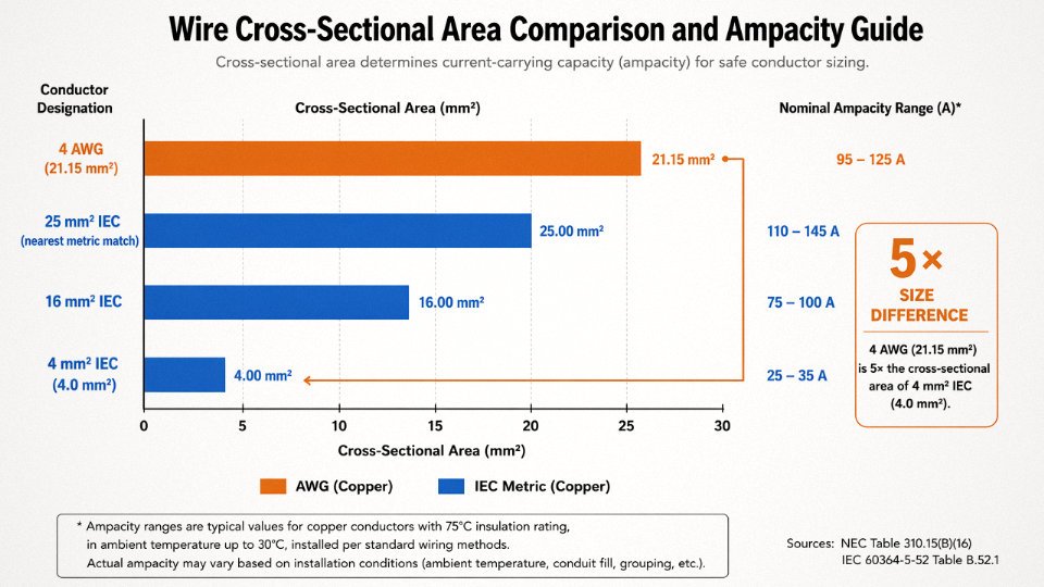 Flat vector bar chart comparing cross-sectional areas of 4 AWG, 16 mm², 25 mm², and 4 mm² wire designations with ampacity annotations