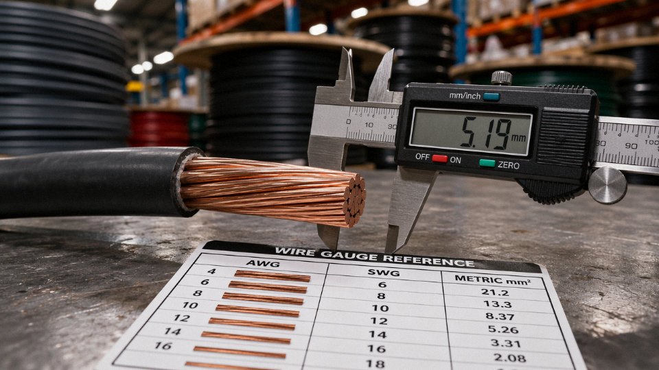 Close-up of 4 AWG copper wire with AWG label next to metric and SWG gauge references on an industrial workbench