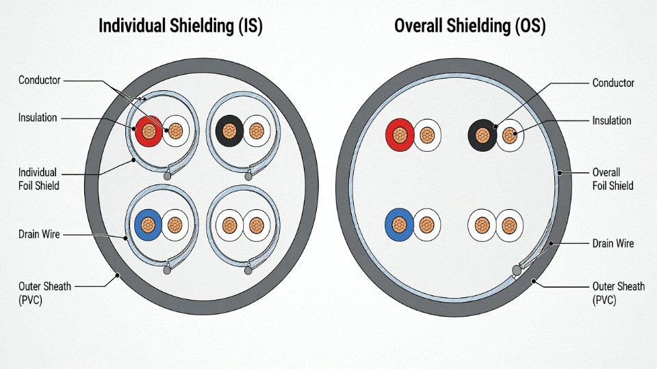 Engineering diagram comparing individual shielding (IS) and overall shielding (OS) configurations in multi-core control cables