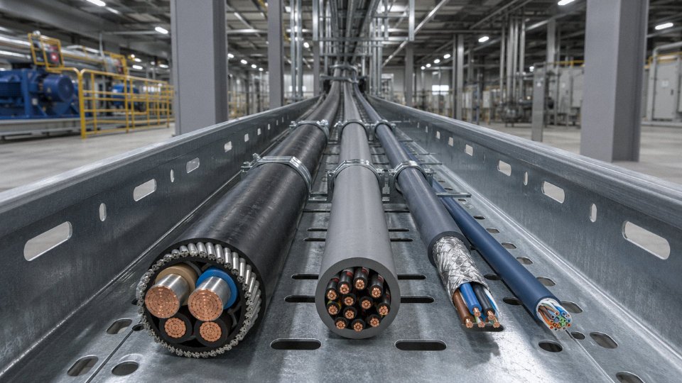 Four types of industrial cables — power, control, instrumentation, and communication — laid side by side in an industrial cable tray