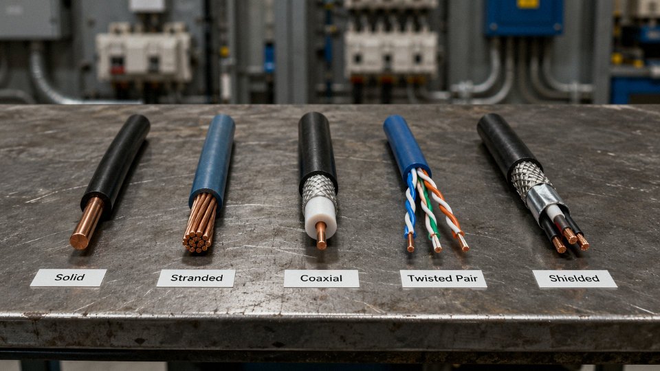 Five types of electrical wire laid out side by side on an industrial workbench, showing solid, stranded, coaxial, twisted pair, and shielded wire