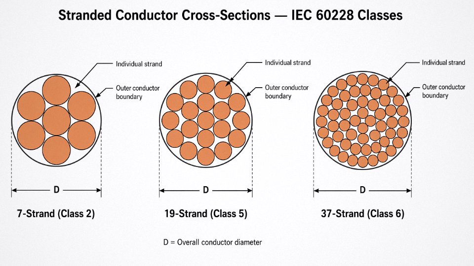 Engineering diagram comparing cross-sectional views of 7-strand, 19-strand, and 37-strand stranded copper wire conductors