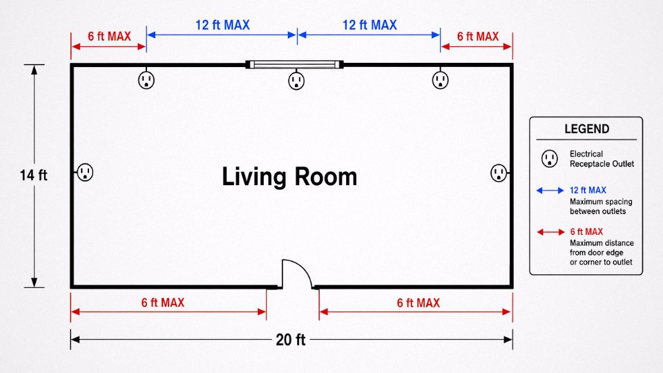 Dimensioned floor plan diagram showing NEC 6-12 rule outlet spacing measurements along walls of a rectangular living room