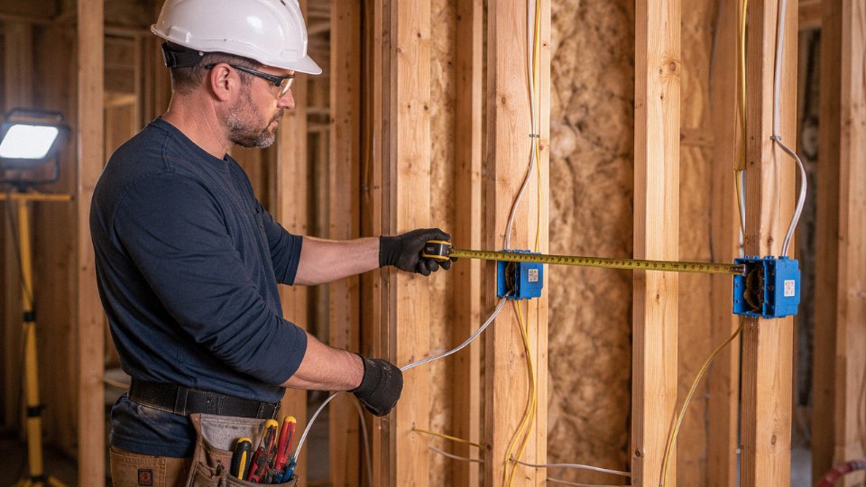 Electrician measuring wall outlet spacing in a residential room during rough-in wiring