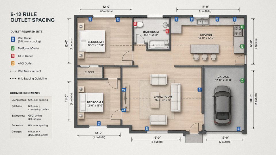 6-12-rule-electrical-explained-09-faq-outlet-spacing-diagram showing a floor plan with labeled outlet positions, wall measurements, and room-type callouts in English
