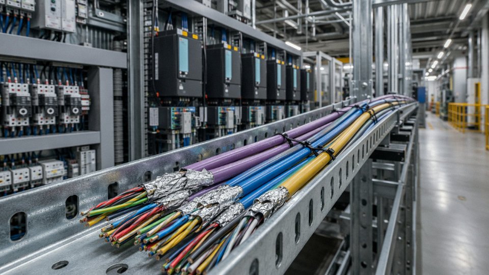 Multi-conductor shielded control cables routed through an industrial cable tray in a manufacturing facility