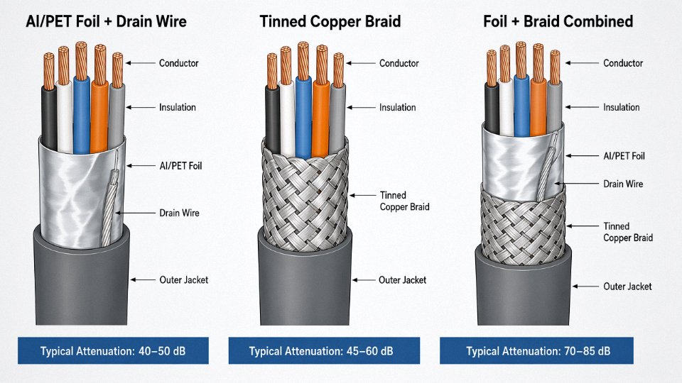Engineering diagram comparing three control cable shield architectures: aluminum-foil, tinned copper braid, and combined foil-plus-braid
