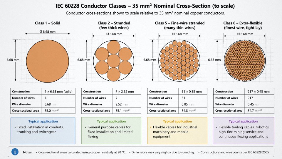 Engineering cross-section diagram comparing IEC 60228 conductor classes 1, 2, 5, and 6 showing wire count and stranding arrangement differences