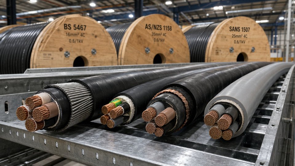 Multiple Type 4 cables from different international standards laid side by side on an industrial cable tray, showing visible construction differences