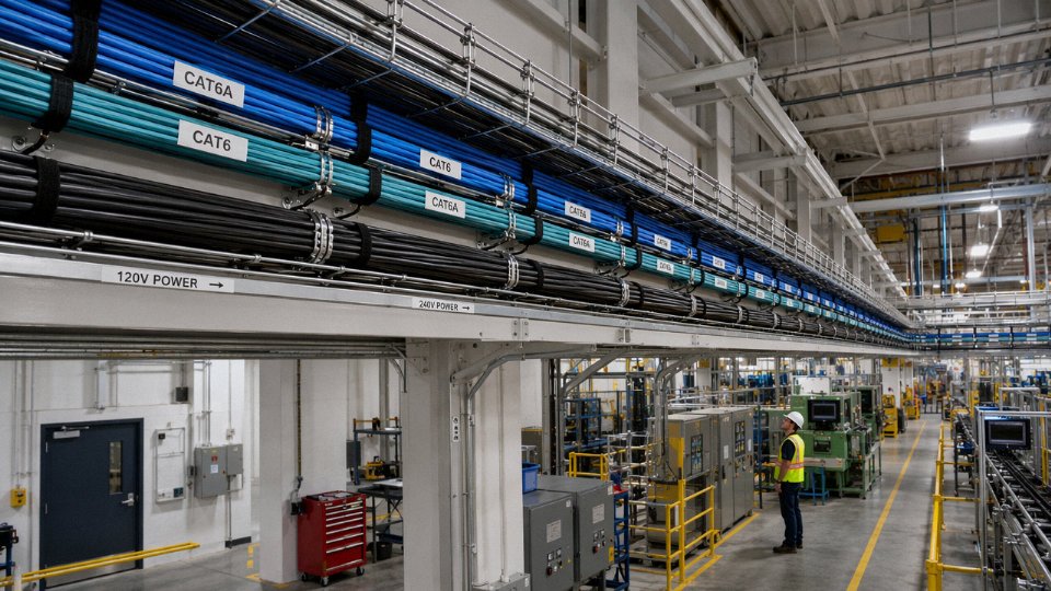 Ethernet cables routed in an industrial cable tray alongside labeled conduits on a plant floor