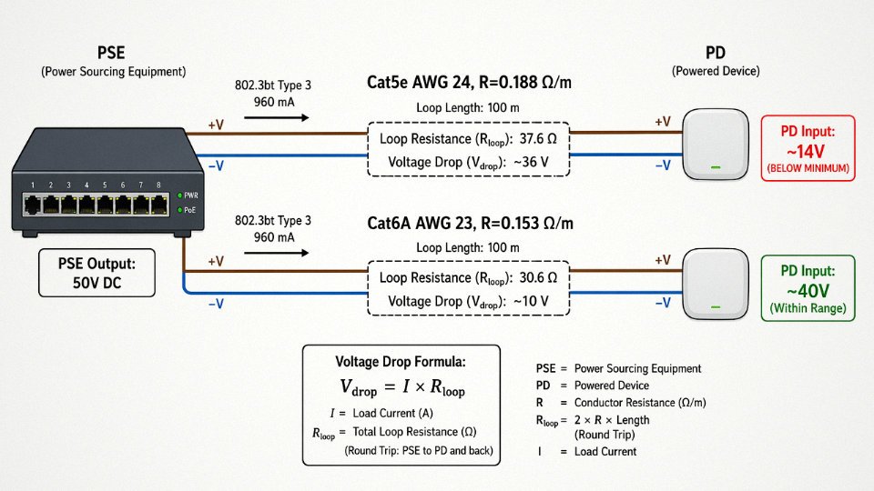 Engineering diagram comparing PoE voltage drop over 100m for Cat5e versus Cat6A under 802.3bt Type 3 load