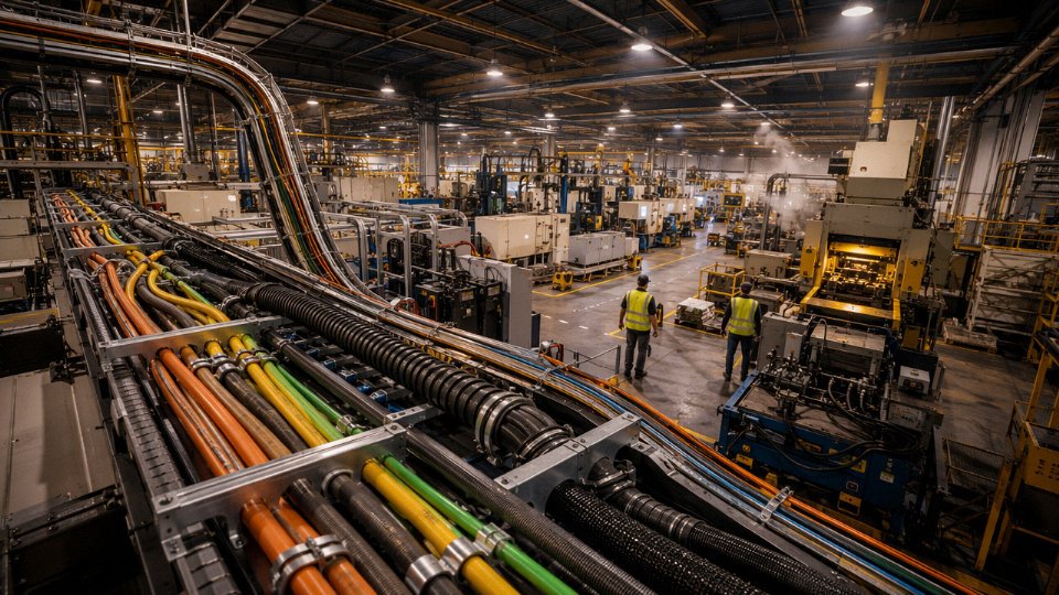 Industrial cable trays carrying colour-coded power and control cables above a busy manufacturing plant floor
