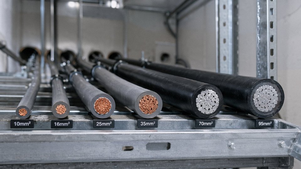 Assorted building construction cables showing copper and aluminum conductors with PVC, XLPE, and LSZH insulation in an industrial electrical installation