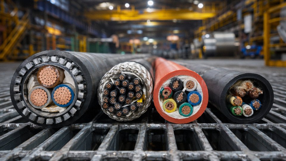Assortment of industrial cables including armoured, shielded, and high-temperature variants laid out on a factory floor