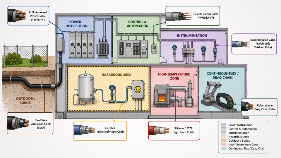 Flat vector diagram showing seven industrial cable types mapped to their designated application zones in a factory layout