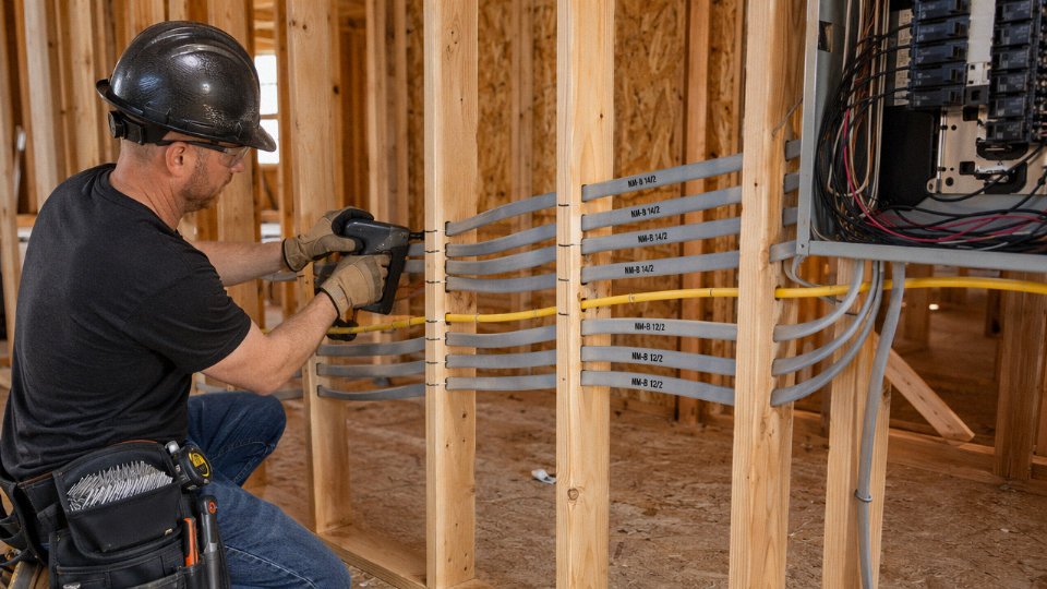 Electrician stapling NM-B Romex cable to wood framing studs during residential rough-in wiring