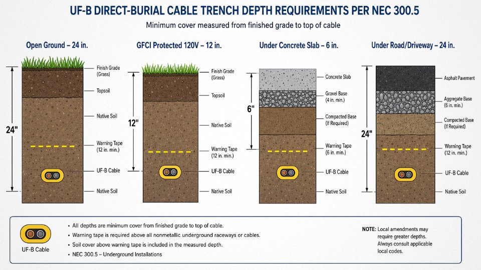 Engineering diagram showing NEC 300.5 required burial depths for UF-B cable under different ground cover conditions