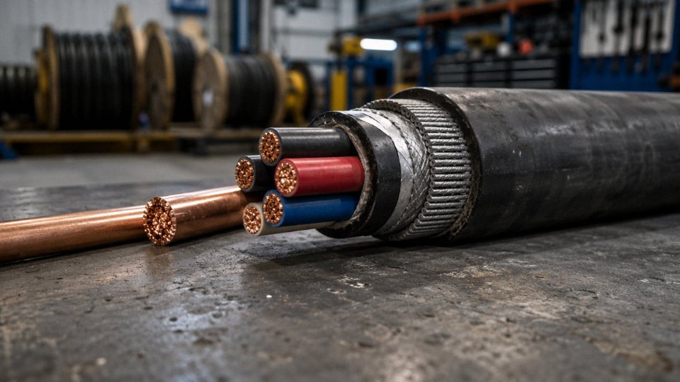 Side-by-side comparison of a single bare copper wire and a multi-core armored industrial cable on a workshop bench