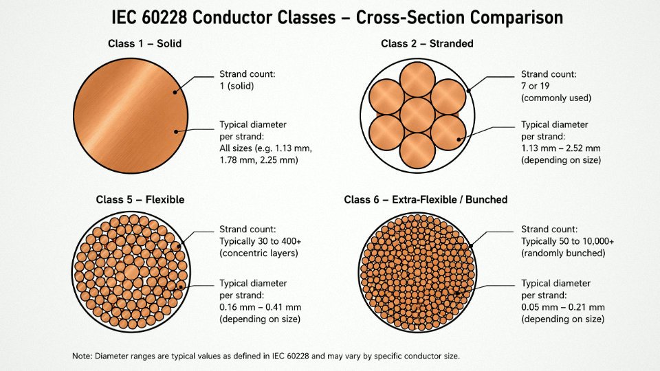 Engineering cross-section diagram comparing IEC 60228 conductor classes: solid Class 1, stranded Class 2, flexible Class 5, and extra-flexible Class 6