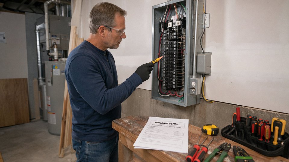 Homeowner in safety glasses examining an open residential electrical panel with wiring tools on a nearby workbench