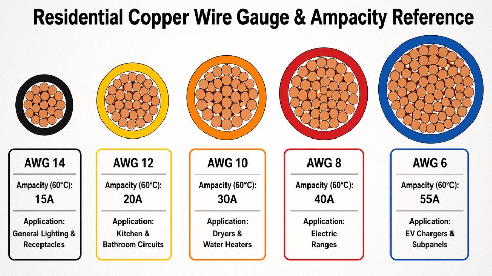 Flat vector diagram comparing common AWG wire gauges, their ampacity ratings, and typical residential circuit applications