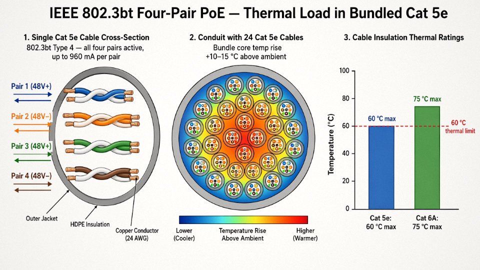 Engineering diagram showing cross-section of a Cat 5e cable bundle in conduit with heat distribution and current flow for IEEE 802.3bt four-pair PoE